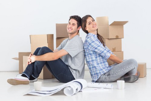 Furniture and boxes placed in temporary storage during home renovation