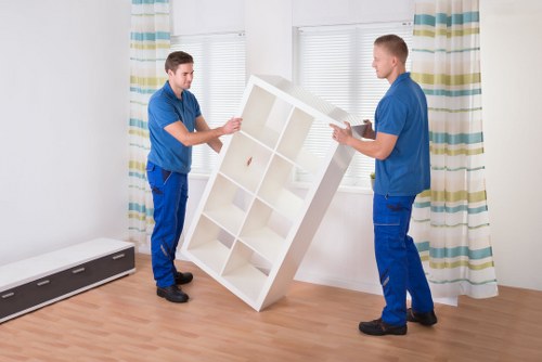 Organized storage unit with labeled boxes and furniture